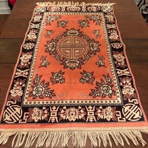 Vintage Orange Black Belgium Rug 70s 27x43 Shou Symbol Floral Key Border